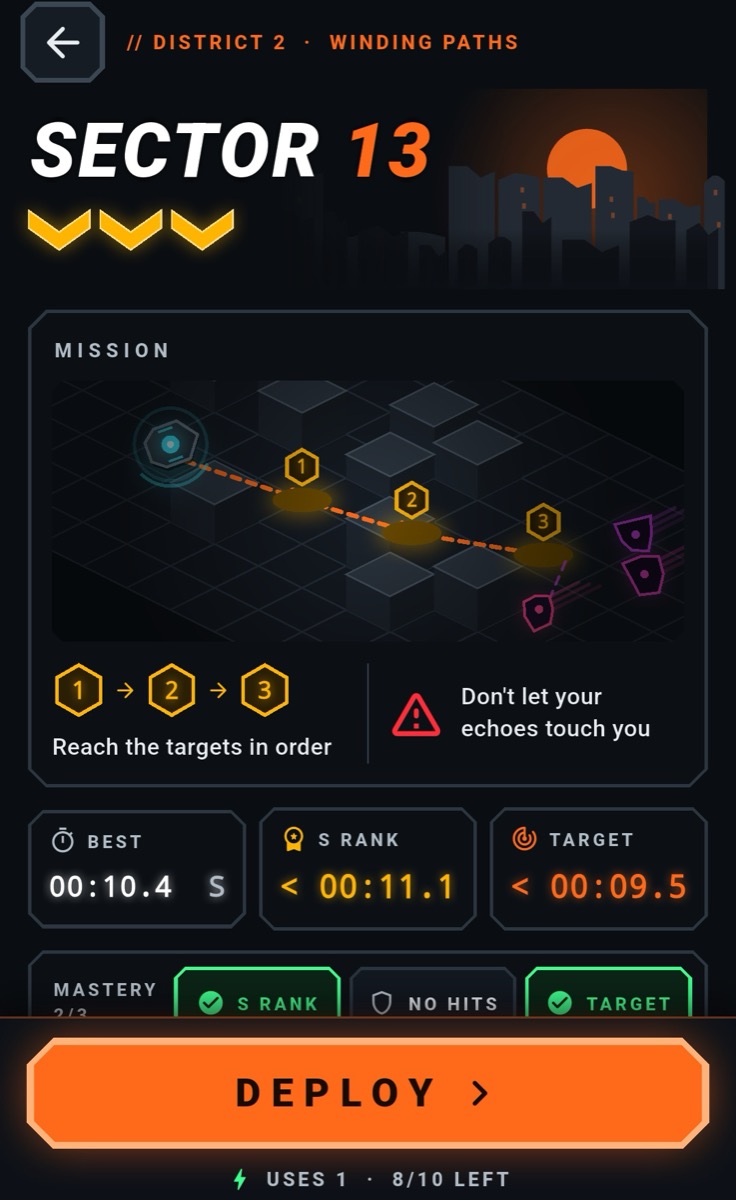 Sector 13 mission briefing with targets, best time and rank goals