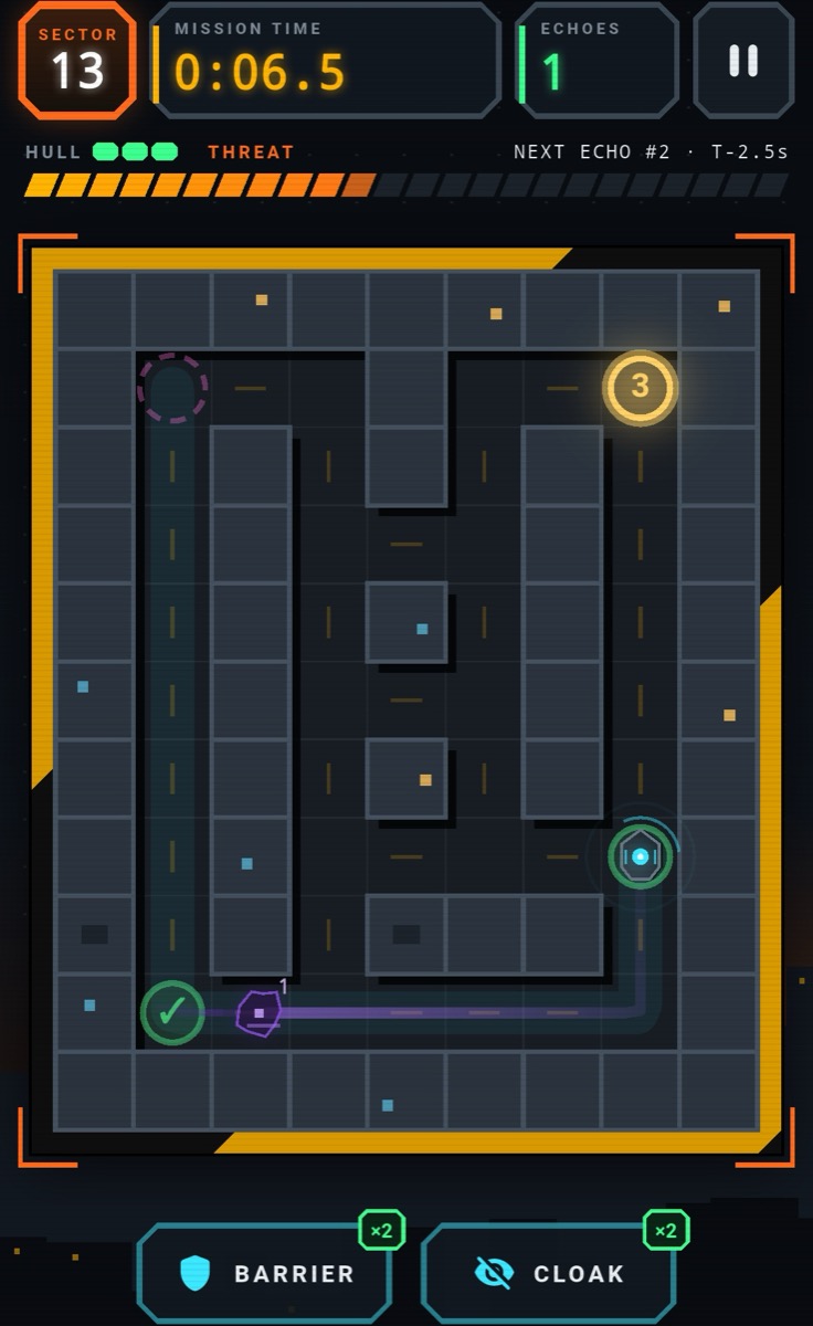 Echo Breach gameplay: the probe moves through a maze in sector 13 while an echo follows