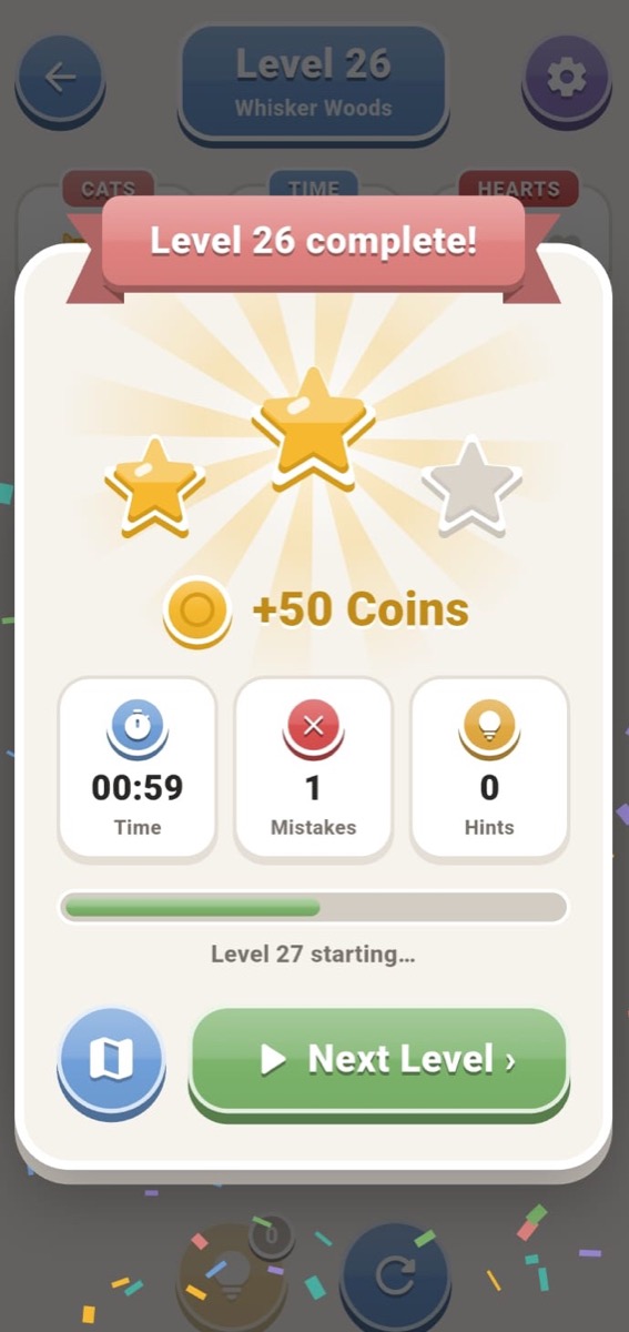 Logic Paws level complete screen with stars and coins