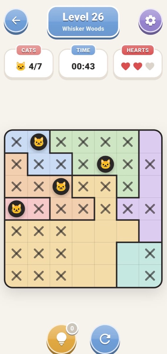 Logic Paws level 26, Whisker Woods, with four of seven cats placed